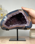 Stunning Amethyst Geode with Blue Banded Agate Shell, Metallic Stand - Perfect Meditation Spaces - MWS1634