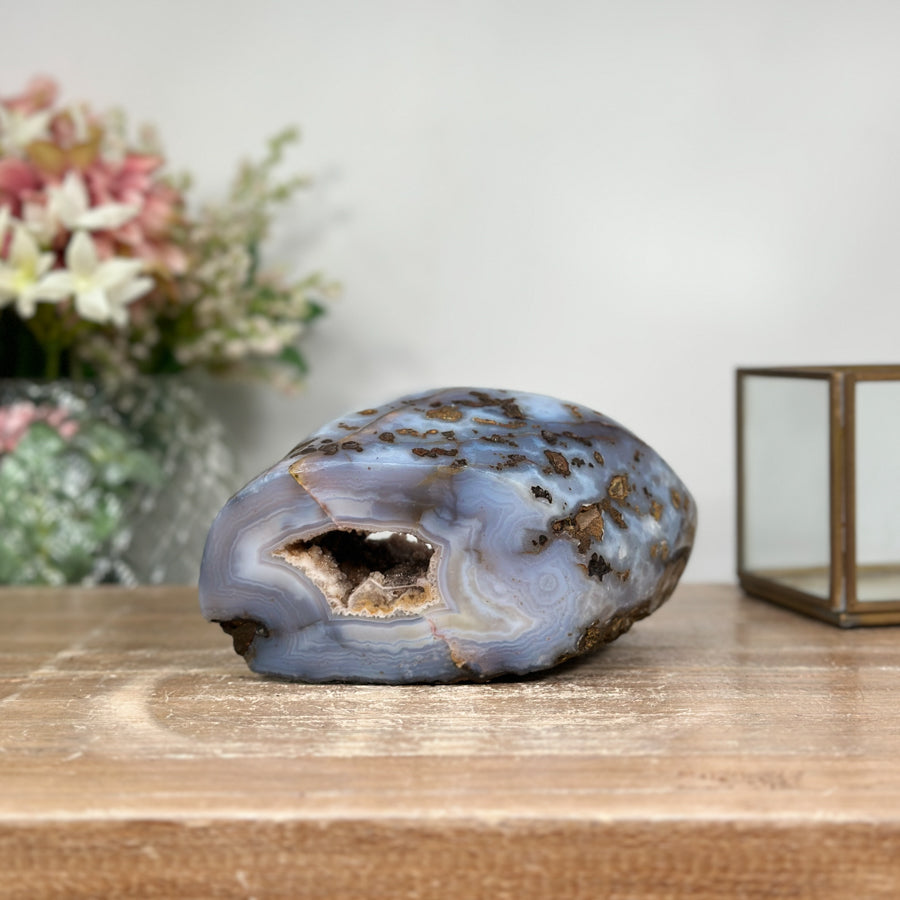 Stunning Blue Banded Agate & Pink Amethyst Stone Geode: A Captivating Decor Accent - AMGE0165