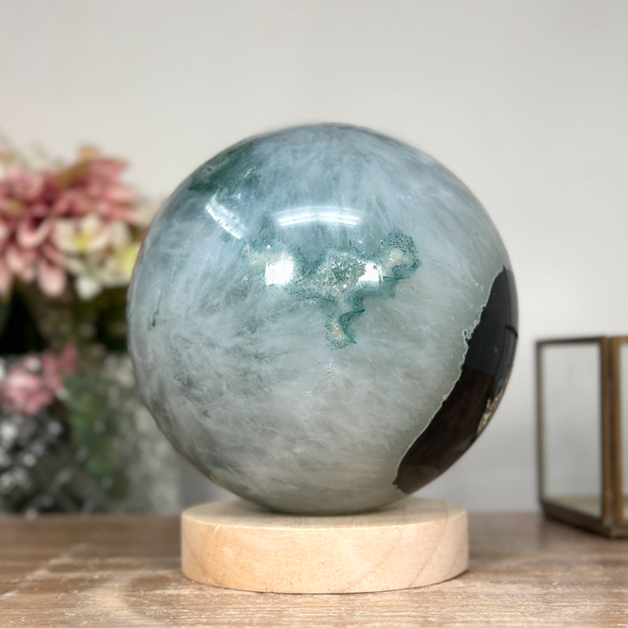 XXL Natural Green Quartz Sphere with Wooden Stand with uilt-in LED Light - SPH0144