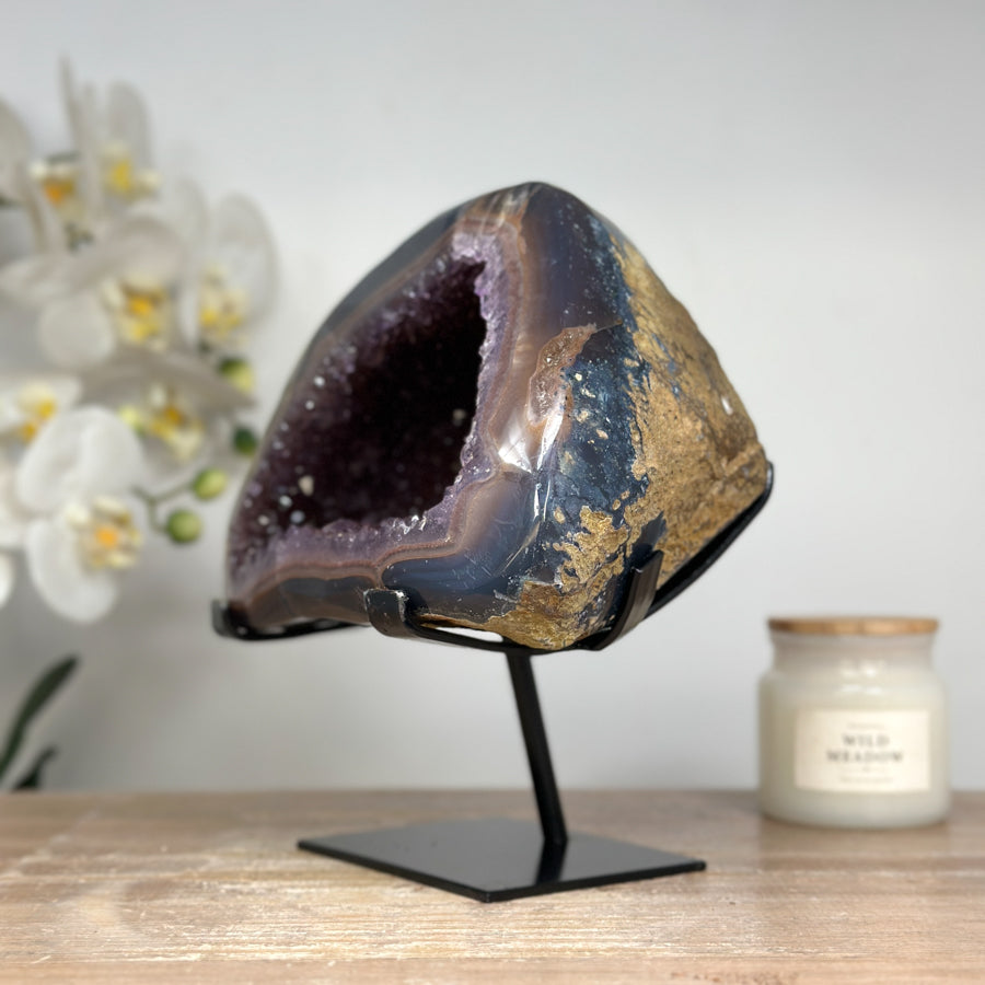 Stunning Amethyst Geode with Blue Banded Agate Shell, Metallic Stand - Perfect Meditation Spaces - MWS1634