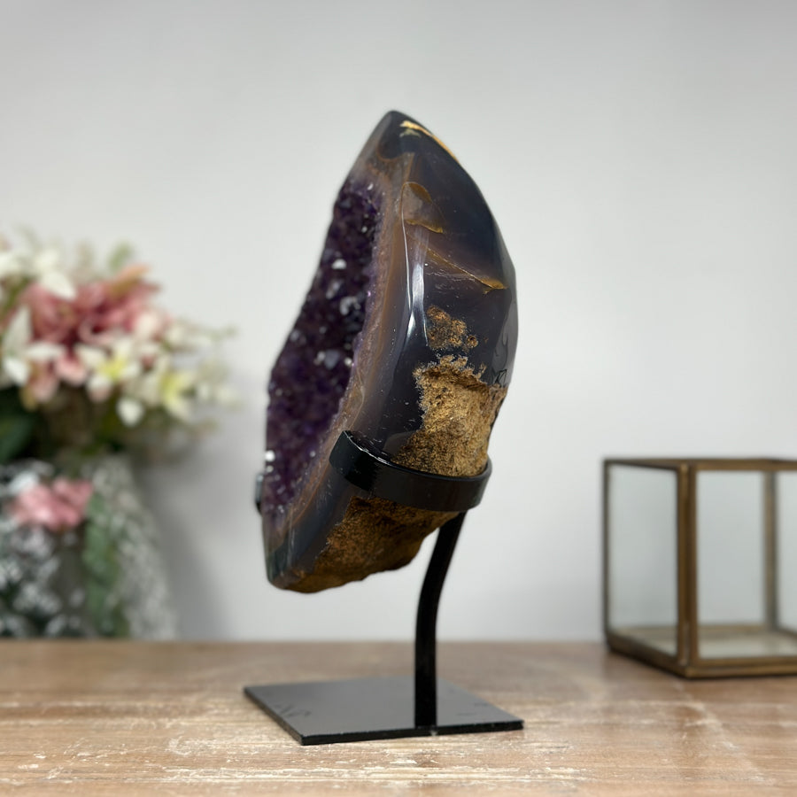 Beautiful Agate &amp; Amethyst Stone Cave, Metallic Stand Included - MWS0932