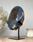 Unique Blue Banded Agate Geode with Sparkling Quartz Druzy, Metallic Stand Included - Ideal for Office Decor - MWS1633