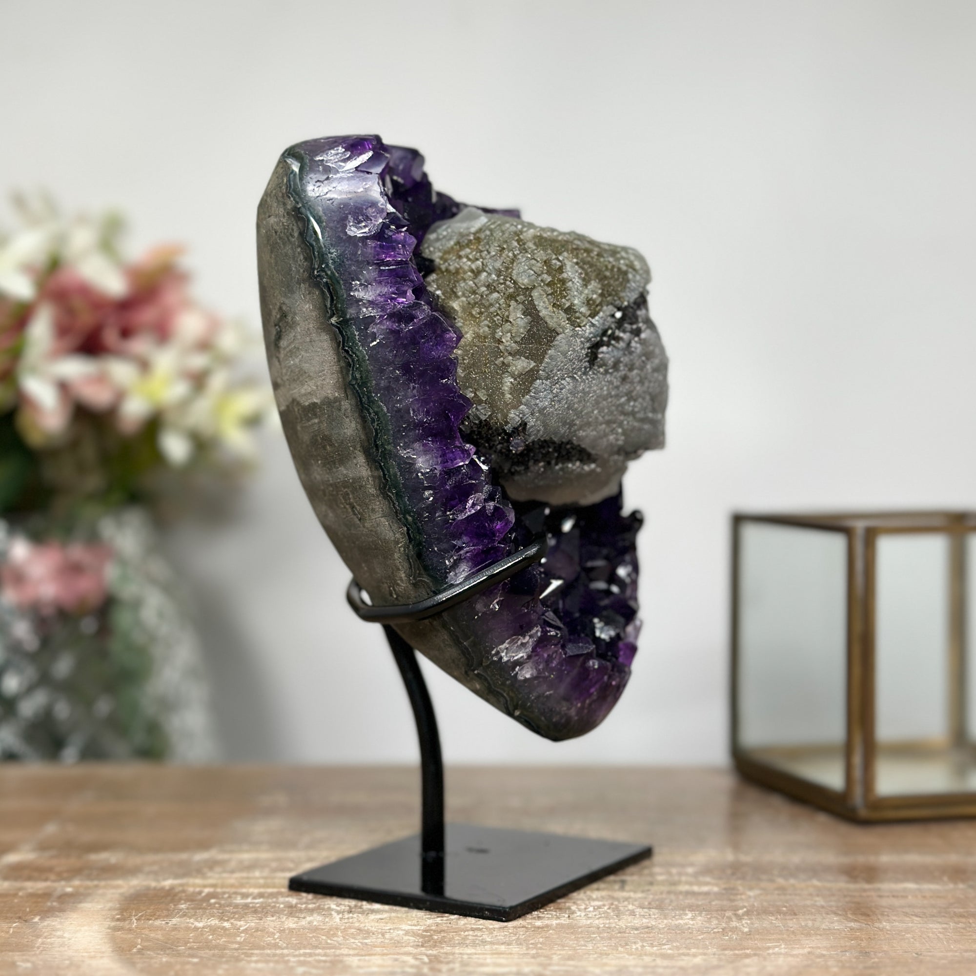 Outstanding Natural Amethyst Cluster with Huge Calcite Crystal, Great Addition to Your Crystal Collection - MWS0952