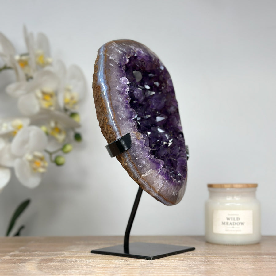 Stunning Natural Amethyst Geode with Deep Purple Crystals, Metallic Stand - Perfect for Meditation or Elegant Home Display - MWS1632