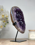 Stunning Natural Amethyst Geode with Deep Purple Crystals, Metallic Stand - Perfect for Meditation or Elegant Home Display - MWS1632