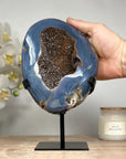 Unique Blue Banded Agate Geode with Sparkling Quartz Druzy, Metallic Stand Included - Ideal for Office Decor - MWS1633