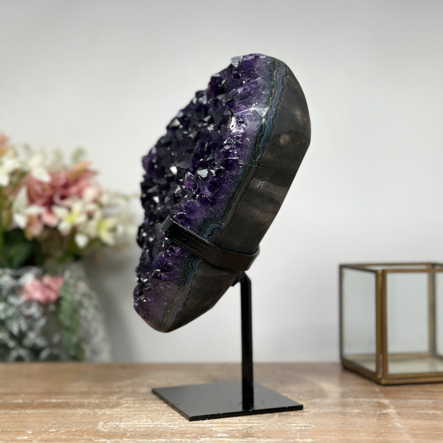 Natural Amethyst Specimen, Deep Purple Crystals, Metallic Stand Included - MWS0943