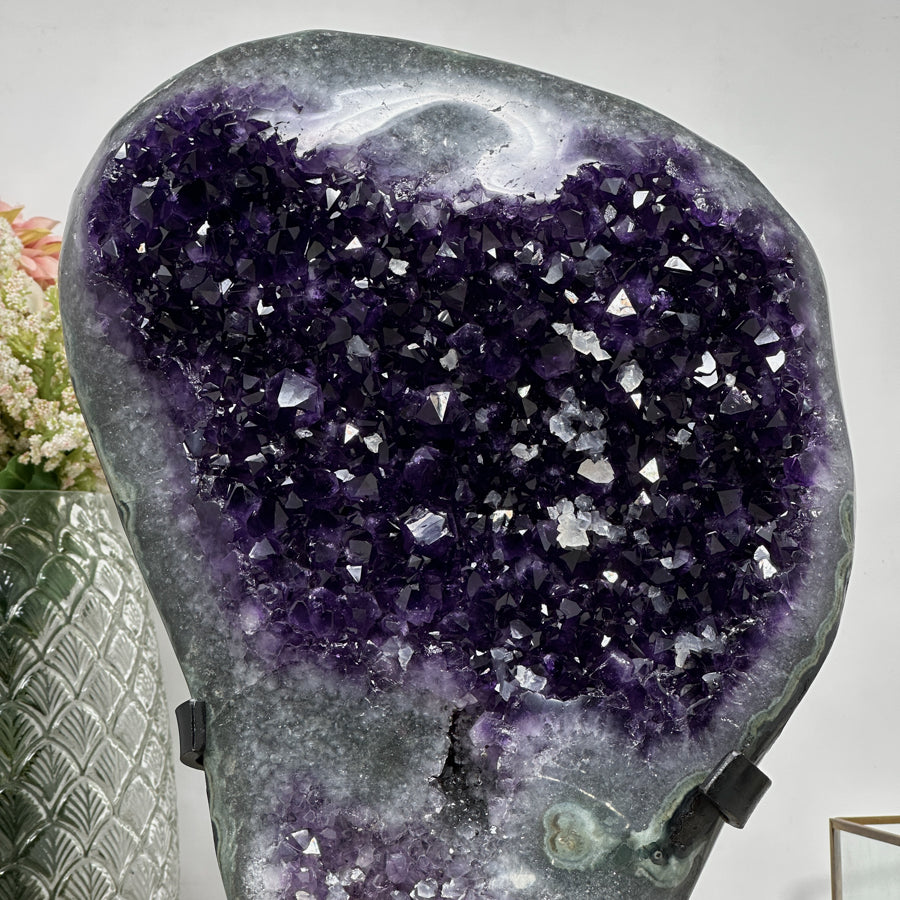 Large Deep Purple Amethyst Stone Geode with Calcite Formations - AWS0484