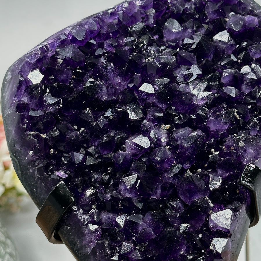 Natural Amethyst Specimen, Deep Purple Crystals, Metallic Stand Included - MWS0943