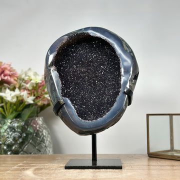 Natural Agate Geode with Black Druze Crystals - MWS0995