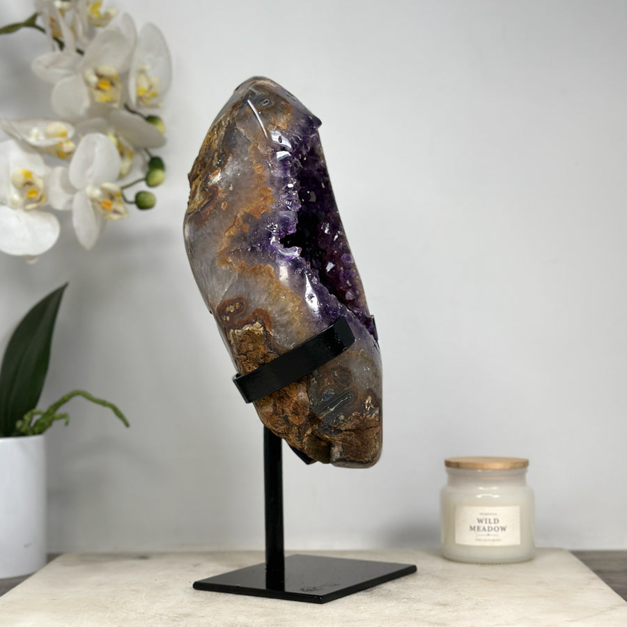 Stunning Natural Amethyst &amp; Quartz Geode, Metallic Stand Included - MWS1530