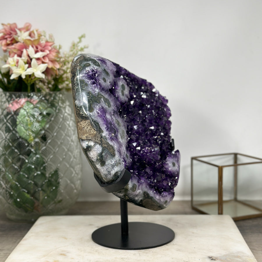 Outstanding Natural Amethyst Crystal Geode - Solid Metallic Stand Included - MWS0900