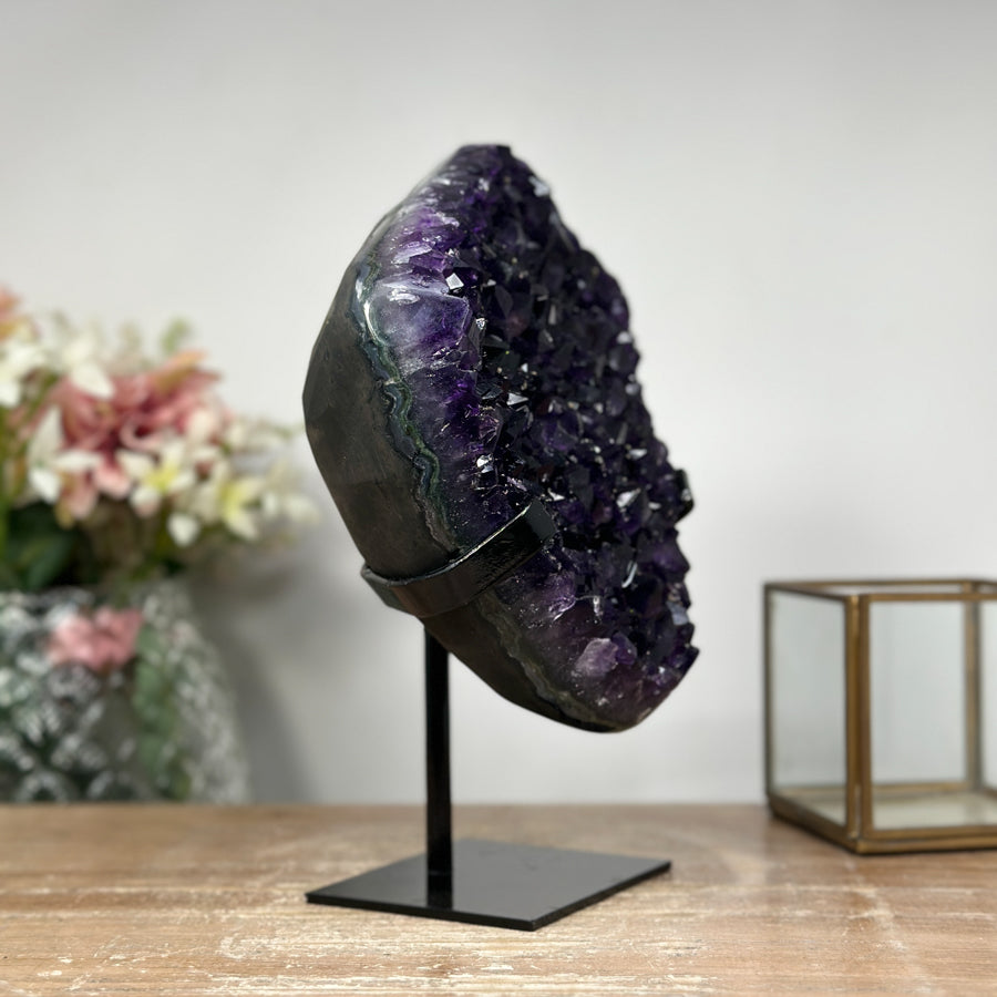 Natural Amethyst Specimen, Deep Purple Crystals, Metallic Stand Included - MWS0943