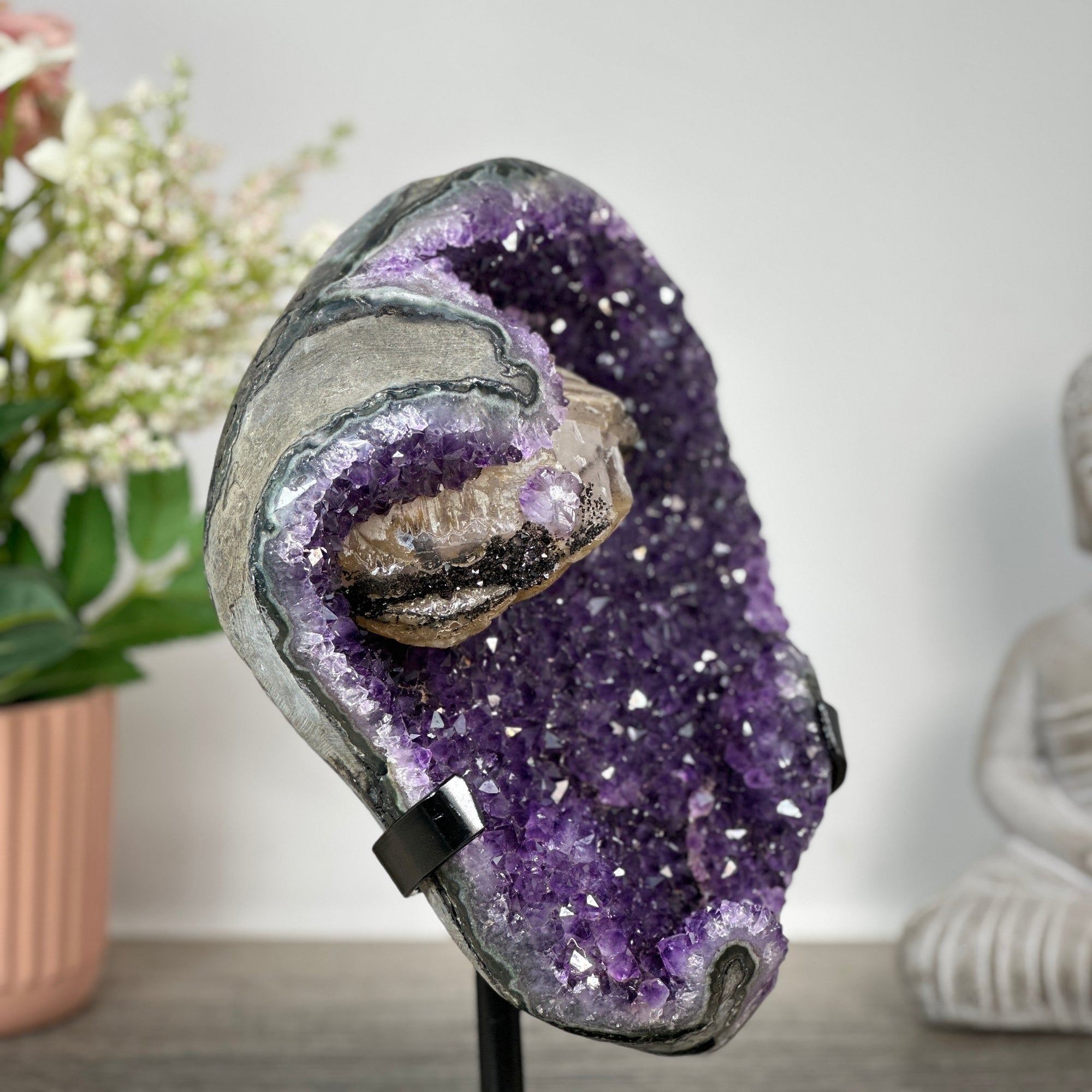 Beautiful Amethyst Stone with Big Calcite Formation, Stand Included - MWS0188