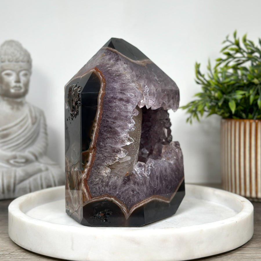 Beautiful Natural Amethyst &amp; Agate Stone Tower Geode with Large Calcite Crystal Formation  - STP0161