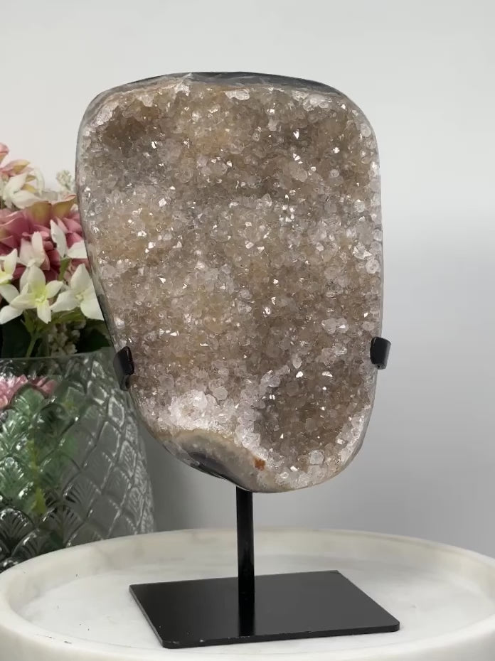 Gorgeous Natural Druzy Quartz Geode on Metal Stand - Sparkling Home Decor - MWS0893