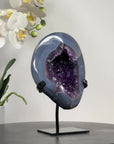 Natural Blue Banded Agate & Amethyst Geode, Metallic Stand Included - MWS1695