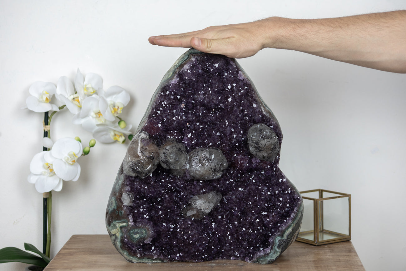 Unique Amethyst Cathedral with Stunning Calcite Formations and Jasper Shell - CBP0669