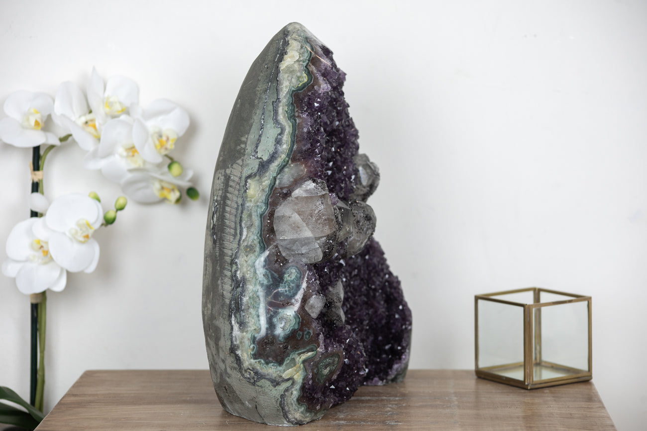 Unique Amethyst Cathedral with Stunning Calcite Formations and Jasper Shell - CBP0669