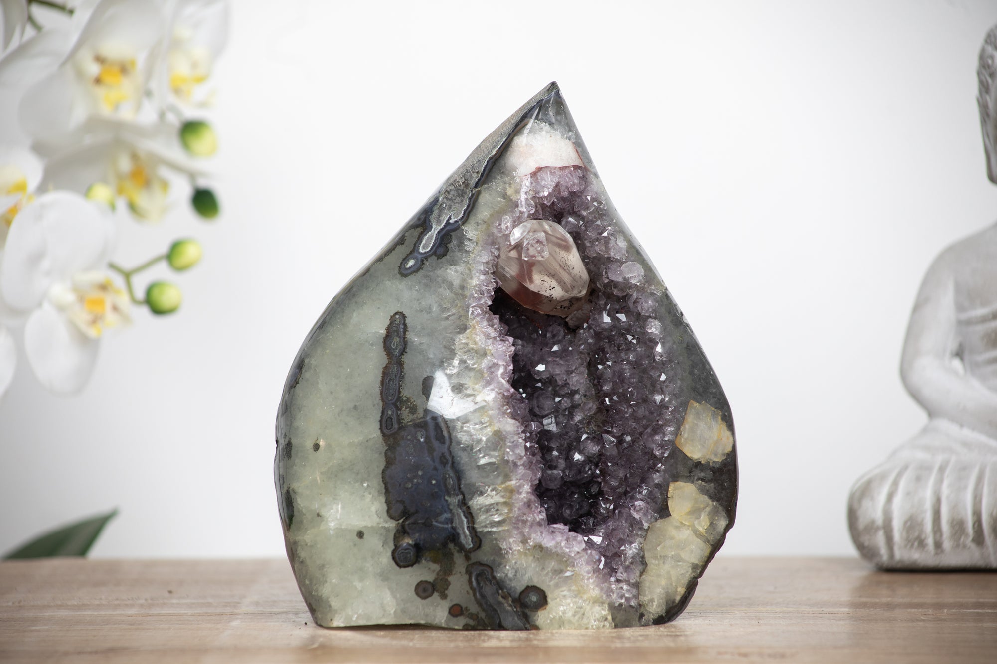 Huge Amethyst Stone Flame Carving with Calcite Crystal - FST0036