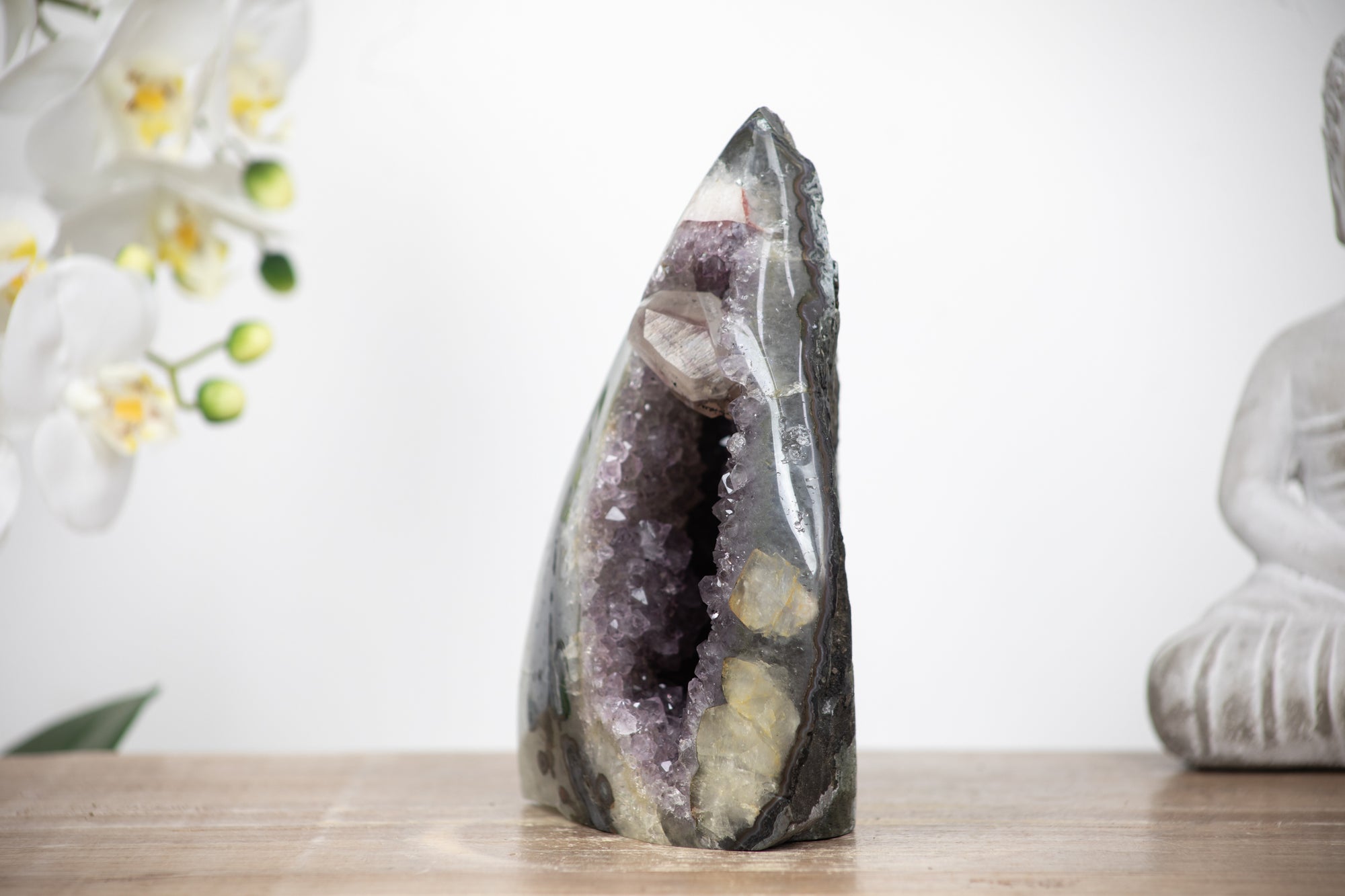 Huge Amethyst Stone Flame Carving with Calcite Crystal - FST0036