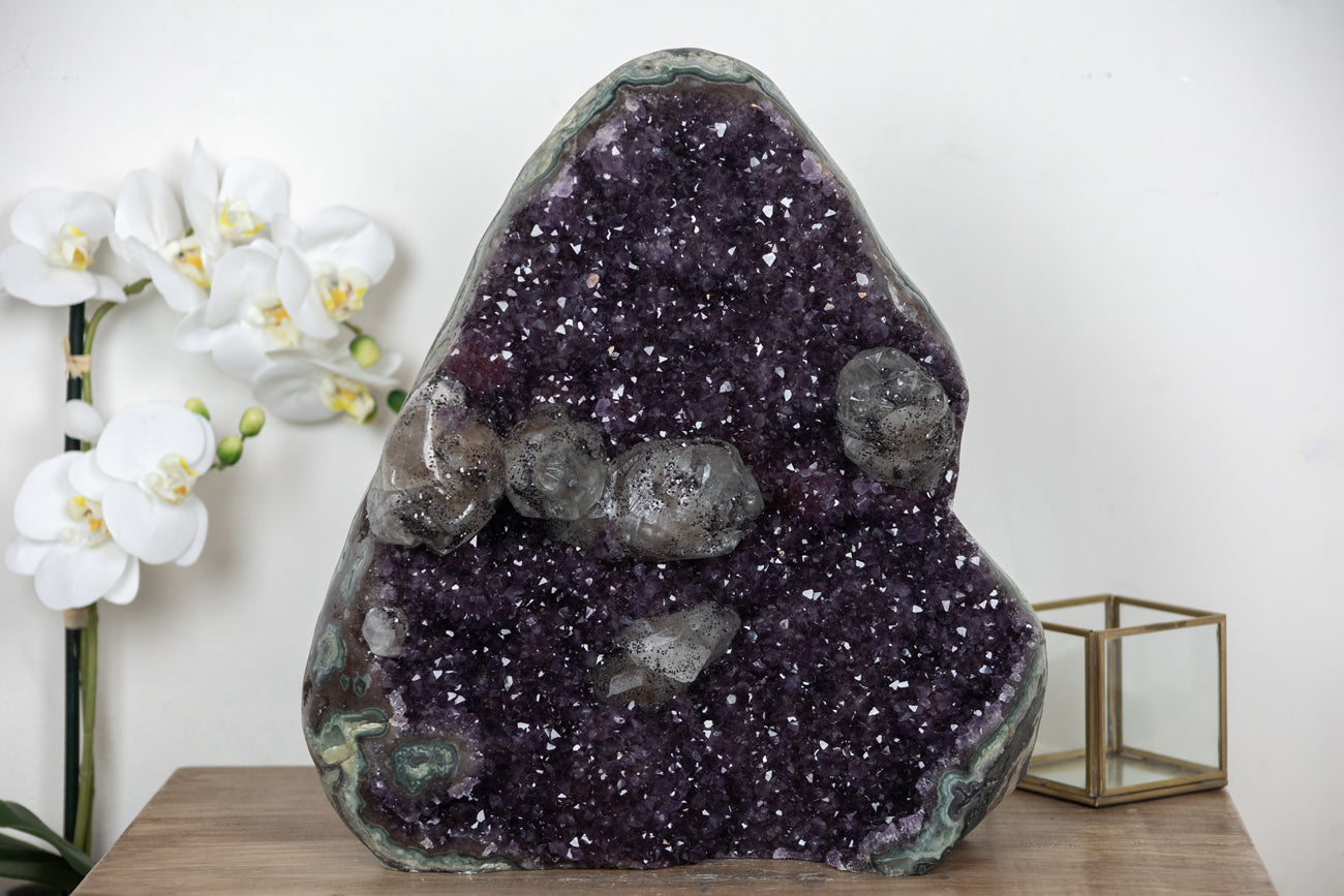 Unique Amethyst Cathedral with Stunning Calcite Formations and Jasper Shell - CBP0669